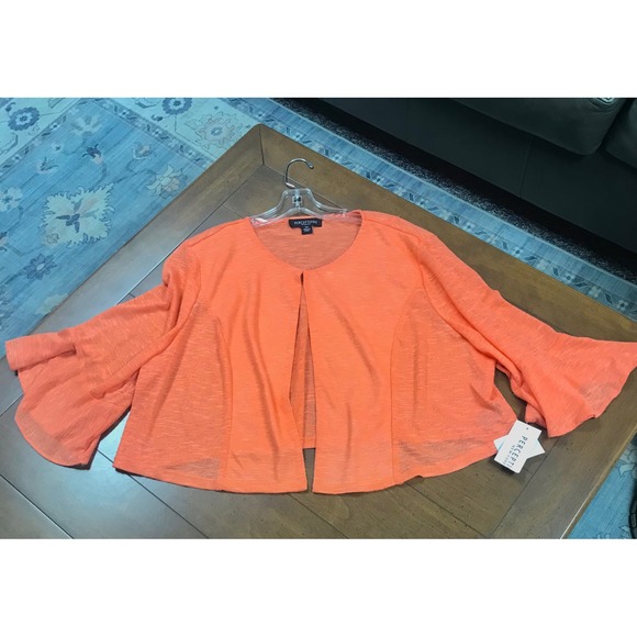 Perceptions Woman Orange Bell Sleeve Open Front Sheer Knit Cardigan 2X - Picture 4 of 5